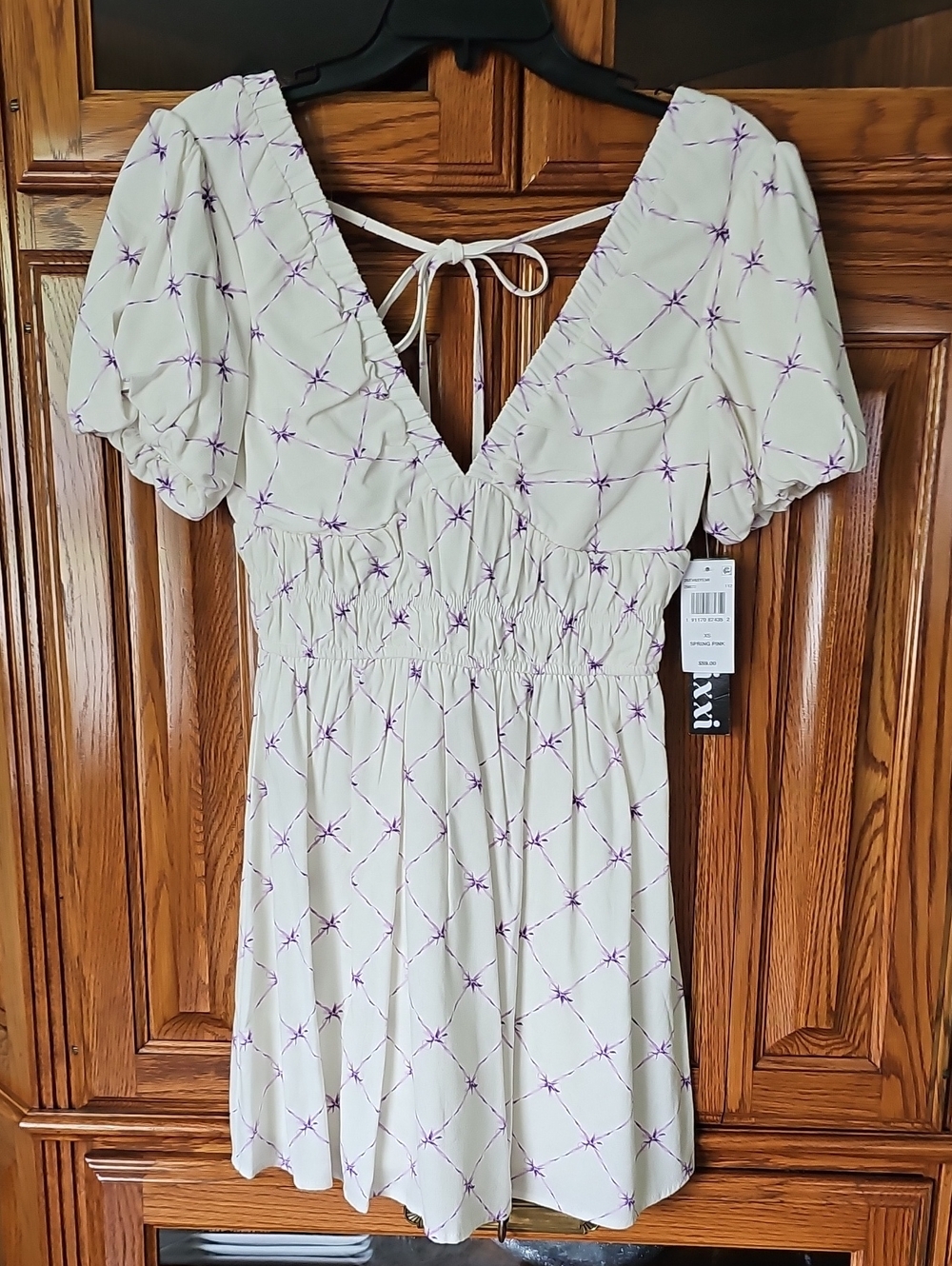 Trixxi Cream Mini Dress with Purple Bow Print - V-Neck Puff Sleeve